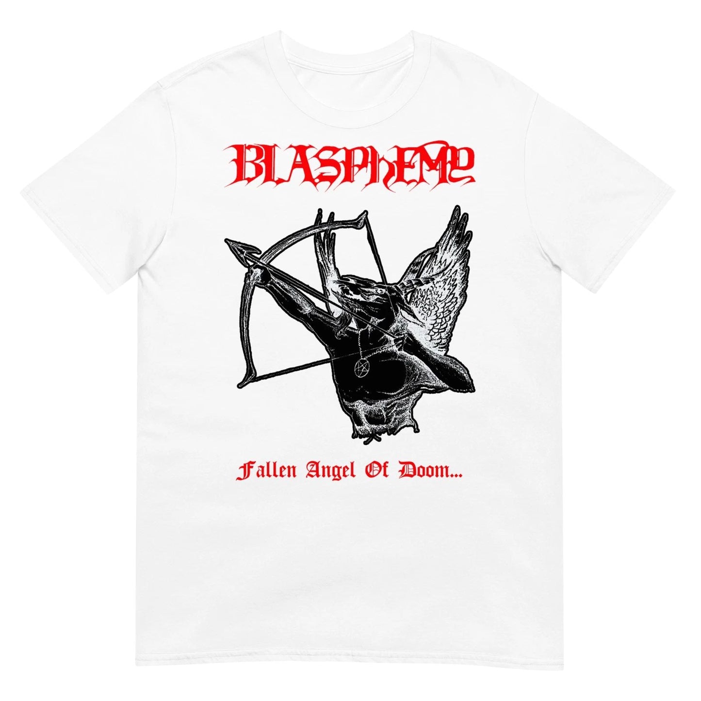 BLASPHEMY "Fallen Angel Of Doom" (White) (One Sided) T-SHIRT Unisex T-shirt, Sweatshirt, Hoodie, Long Sleeve Tee - T-Shirt, Sweatshirt, Hoodie