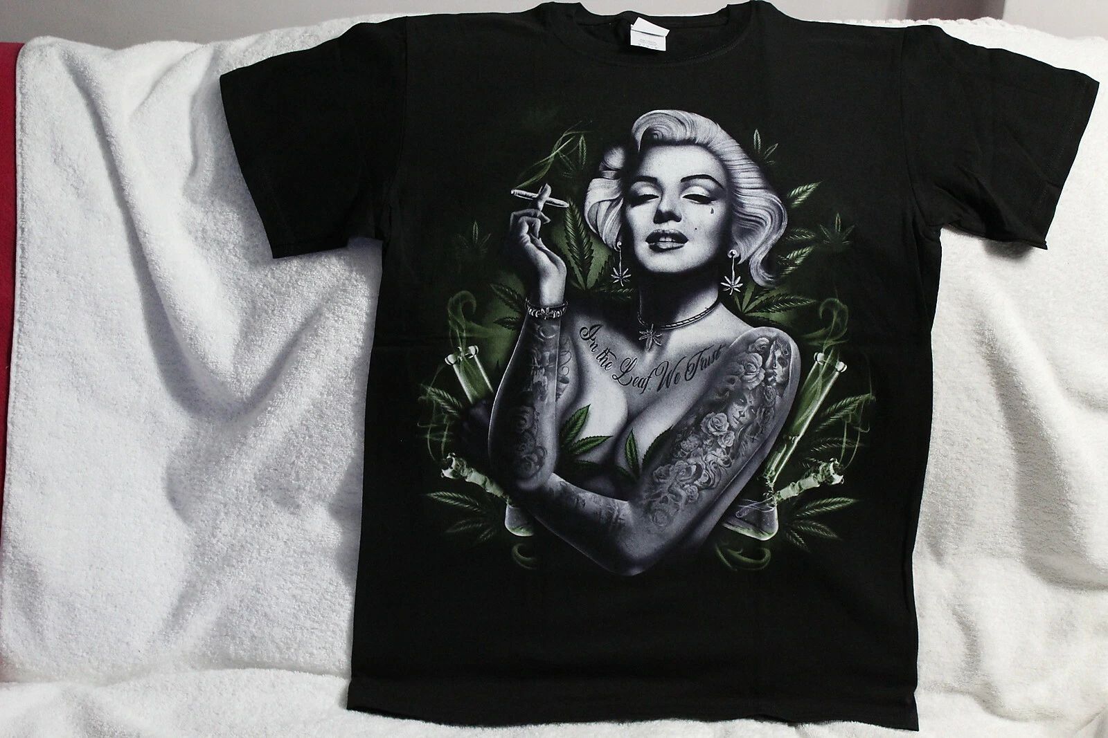 MARILYN MONROE TATTOO JOINT MARIJUANA LEAF BONG CANNABIS T-SHIRT SHIRT Unisex T-shirt, Sweatshirt, Hoodie, Long Sleeve Tee - T-Shirt, Sweatshirt, Hoodie