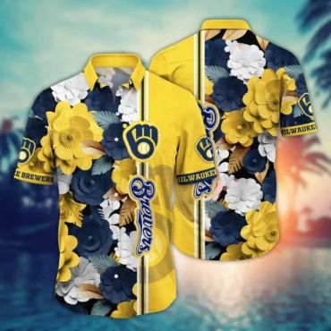 Milwaukee Brewers Tropical Blossom Hawaiian Shirt Unisex T-shirt, Sweatshirt, Hoodie, Long Sleeve Tee - T-Shirt, Sweatshirt, Hoodie