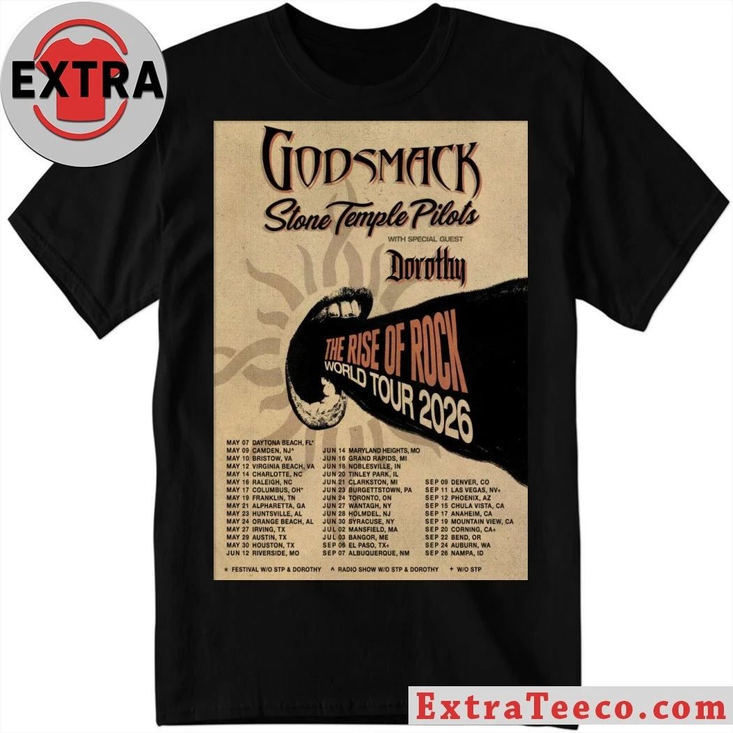 Poster Godsmack The Rise Of Rock World 2026 Shirt Unisex T-shirt, Sweatshirt, Hoodie, Long Sleeve Tee - T-Shirt, Sweatshirt, Hoodie