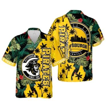 Pittsburgh Pirates Tropical Skyline Hawaiian Shirt Unisex T-shirt, Sweatshirt, Hoodie, Long Sleeve Tee - T-Shirt, Sweatshirt, Hoodie