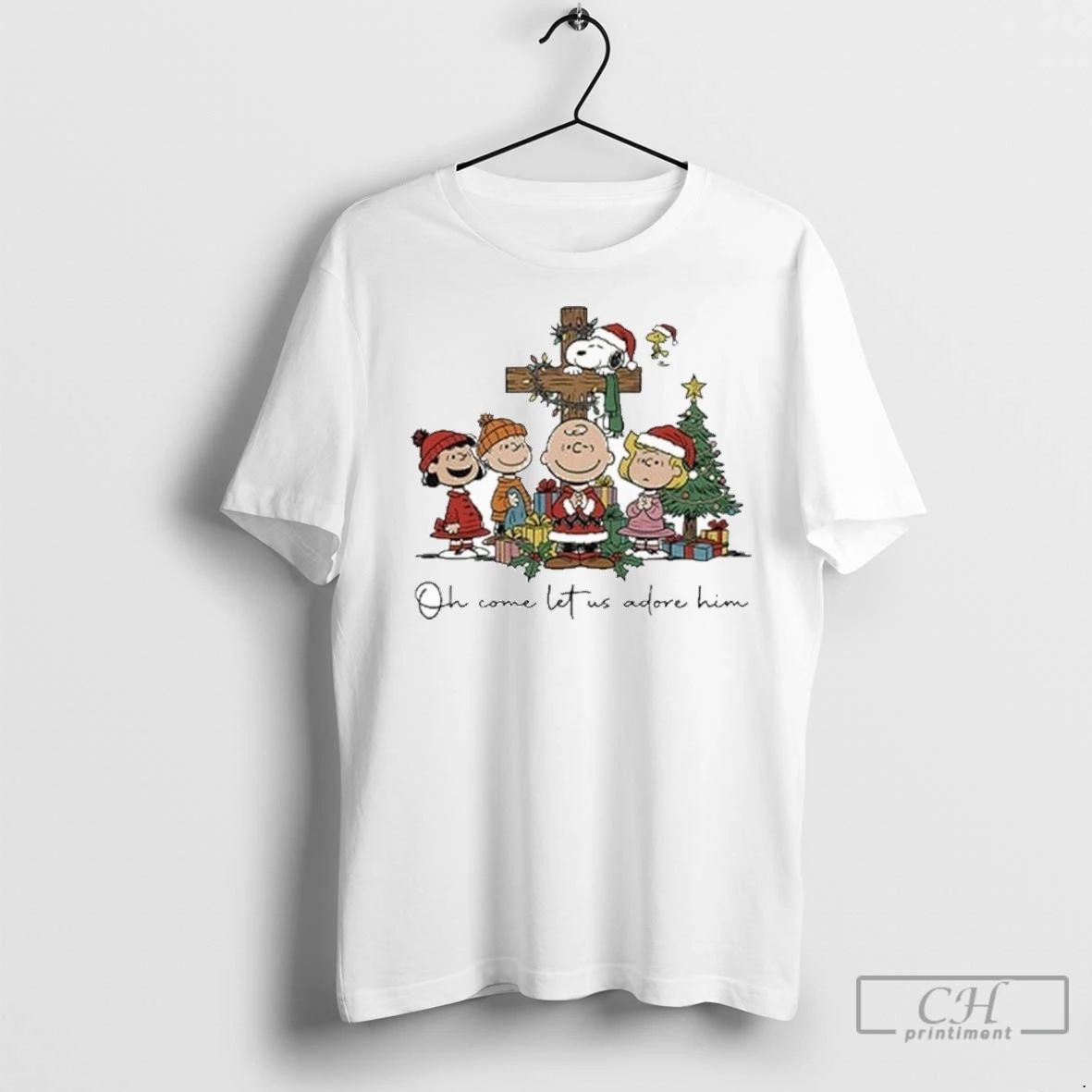 Premium The Peanuts Christmas Christian Oh Come Let Us Adore Him Unisex T-shirt, Sweatshirt, Hoodie, Long Sleeve Tee - T-Shirt, Sweatshirt, Hoodie