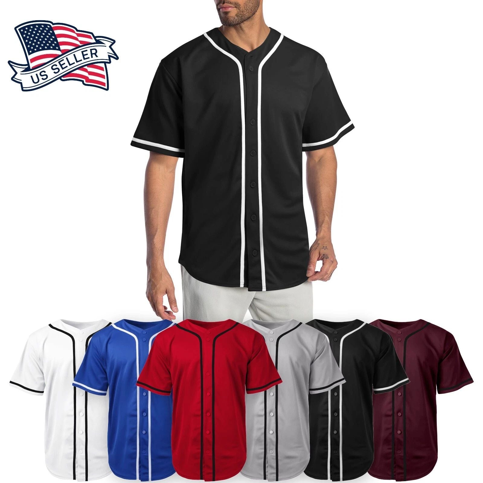 Mens Baseball Jersey MLB Plain T Shirt Team Uniform Solid Button Tee Unisex T-shirt, Sweatshirt, Hoodie, Long Sleeve Tee - T-Shirt, Sweatshirt, Hoodie