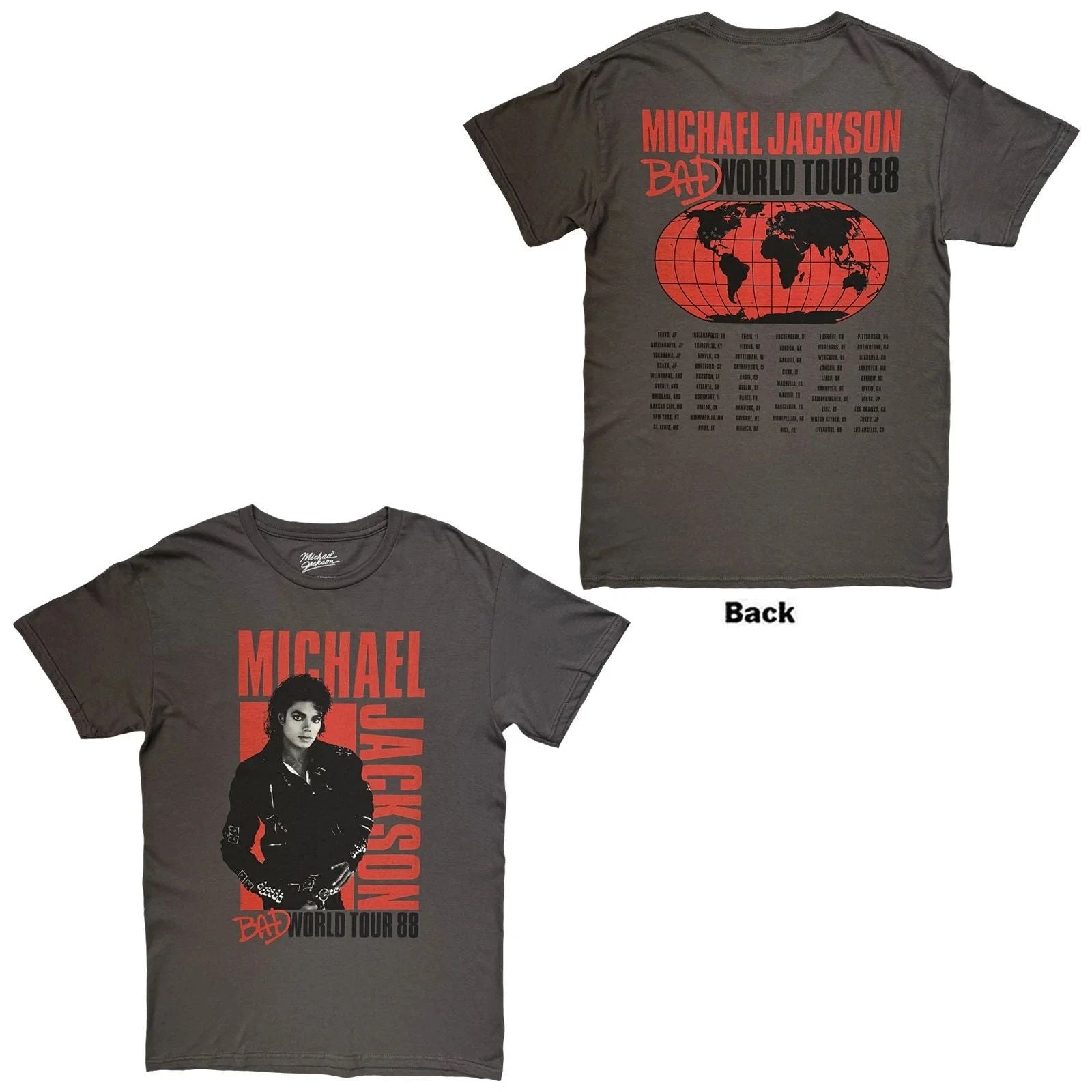 Michael Jackson T-Shirt: Bad World Tour '88 (Charcoal Grey) (Back Print) OFFICIA Unisex T-shirt, Sweatshirt, Hoodie, Long Sleeve Tee - T-Shirt, Sweatshirt, Hoodie