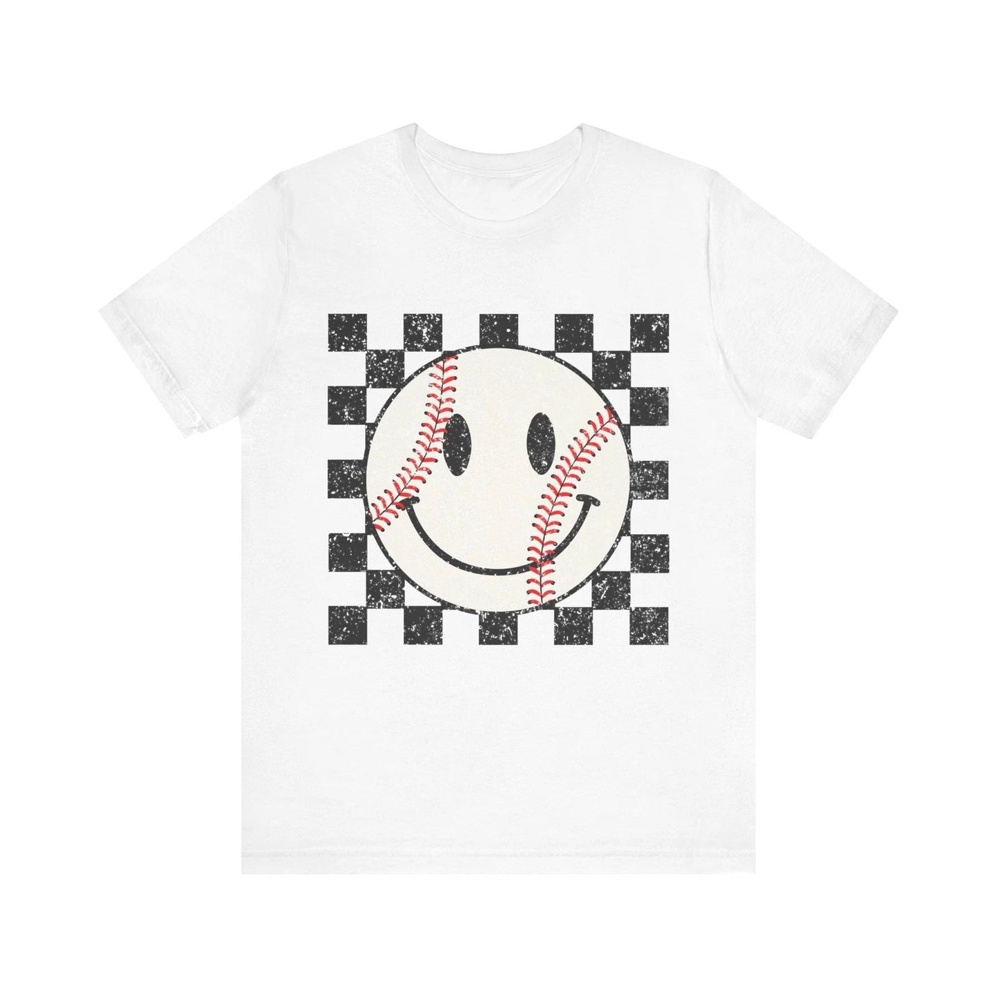 Unisex Baseball Happy Face Trendy Smile Face Baseball Players Checkered T-Shirt Unisex T-shirt, Sweatshirt, Hoodie, Long Sleeve Tee - T-Shirt, Sweatshirt, Hoodie