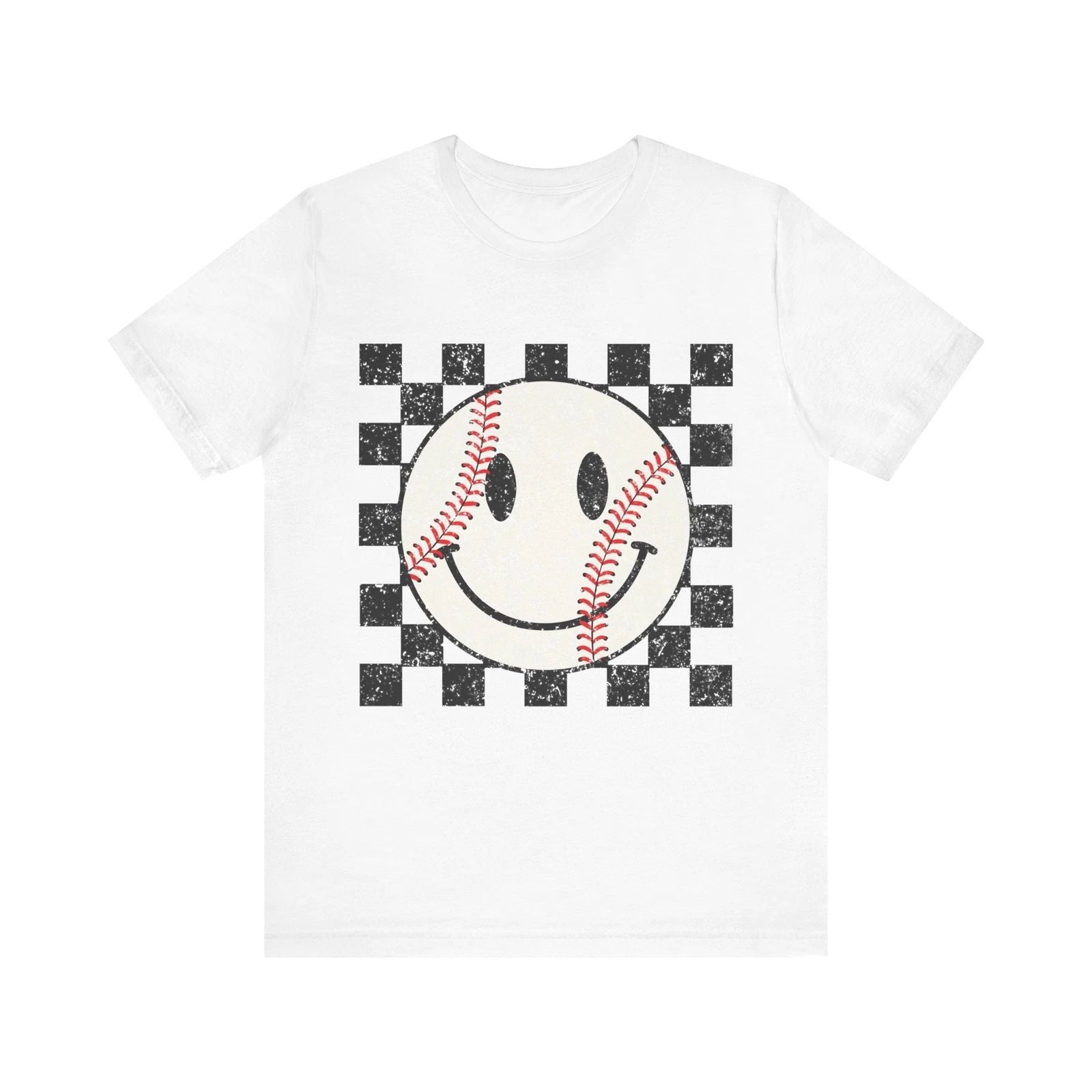 Unisex Baseball Happy Face Trendy Smile Face Baseball Players Checkered T-Shirt Unisex T-shirt, Sweatshirt, Hoodie, Long Sleeve Tee - T-Shirt, Sweatshirt, Hoodie