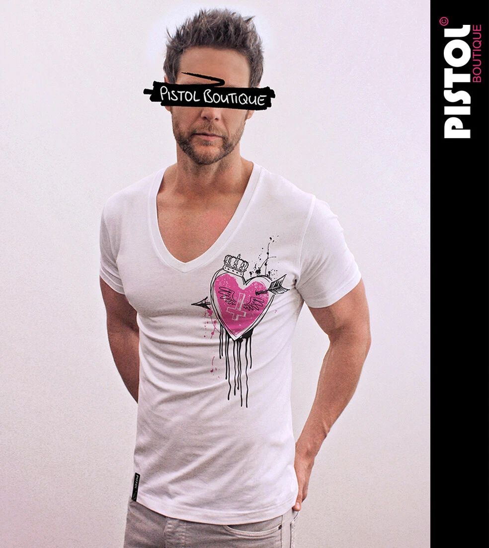 Pistol Boutique men's Fitted White Deep V neck CROWN ARROW HEART DRIBBLE T-shirt Unisex T-shirt, Sweatshirt, Hoodie, Long Sleeve Tee - T-Shirt, Sweatshirt, Hoodie