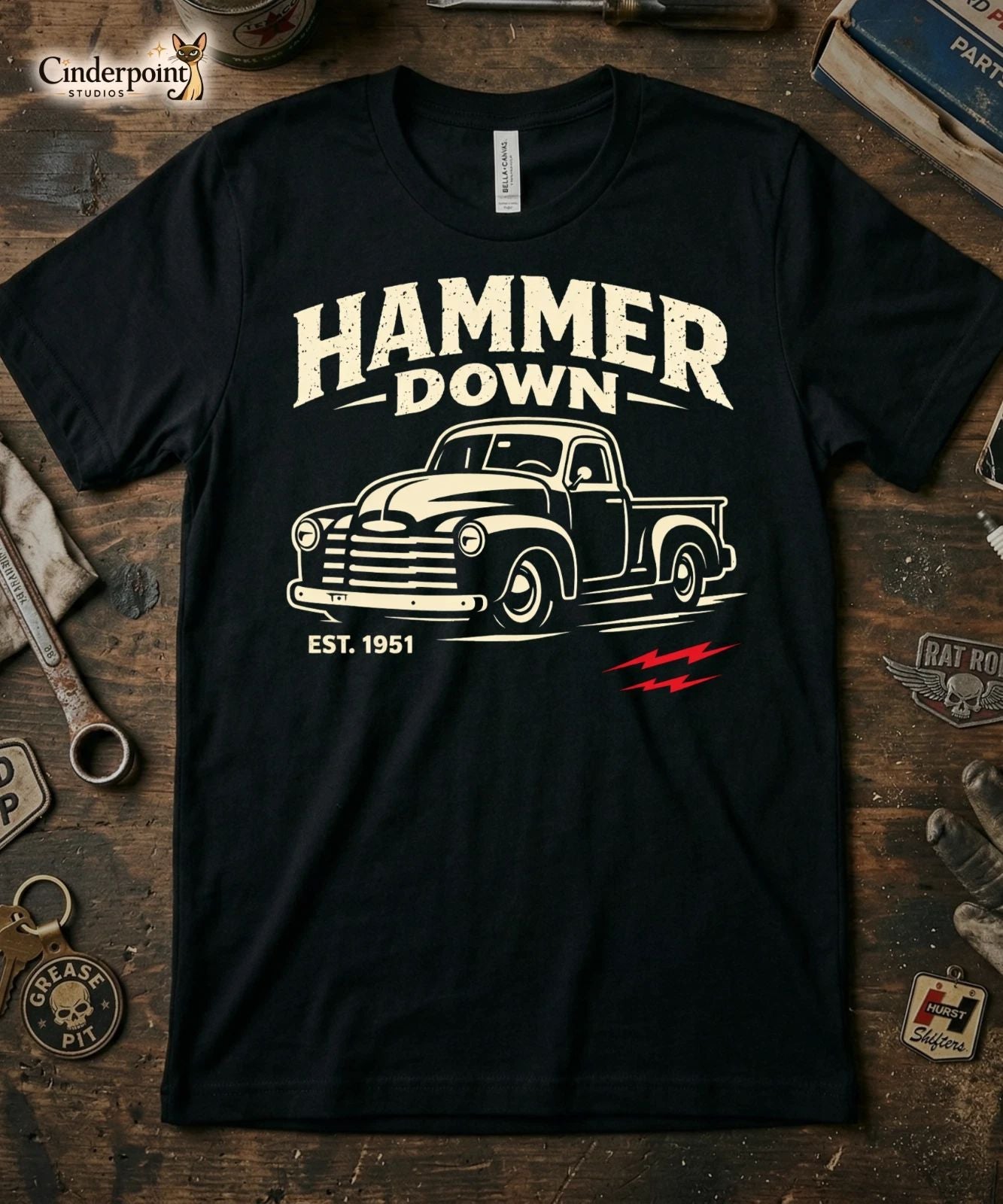Hammer Down T-Shirt 1951 Chevy Pickup Truck Retro Vintage Car Graphic Tee XS-5X Unisex T-shirt, Sweatshirt, Hoodie, Long Sleeve Tee - T-Shirt, Sweatshirt, Hoodie