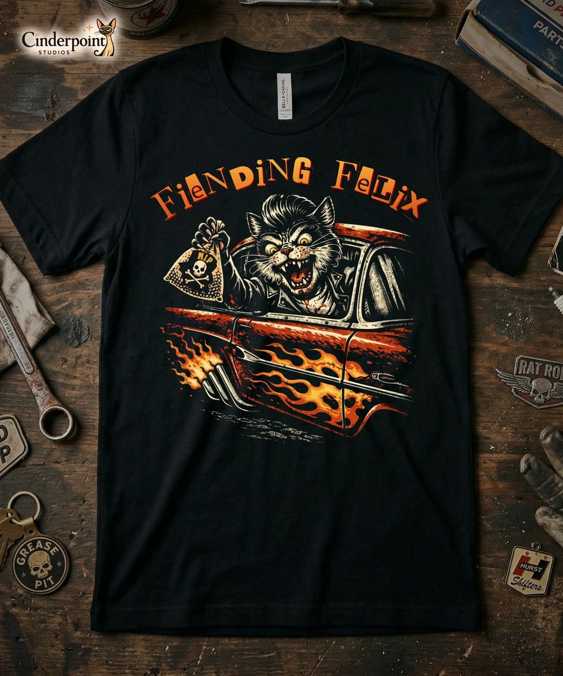 Fiending Felix Degenerate Cat T-Shirt - Kustom Kulture Cat in Hot Rod XS-5X Unisex T-shirt, Sweatshirt, Hoodie, Long Sleeve Tee - T-Shirt, Sweatshirt, Hoodie