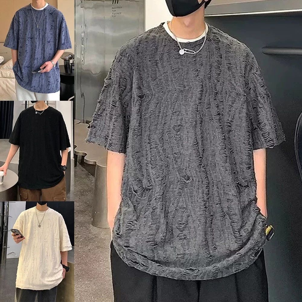 Trendy Men's Distressed Ripped Short Sleeve T Shirt for Warm Weather Activities Unisex T-shirt, Sweatshirt, Hoodie, Long Sleeve Tee - T-Shirt, Sweatshirt, Hoodie