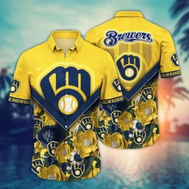 Milwaukee Brewers Floral Emblem Hawaiian Shirt Unisex T-shirt, Sweatshirt, Hoodie, Long Sleeve Tee - T-Shirt, Sweatshirt, Hoodie