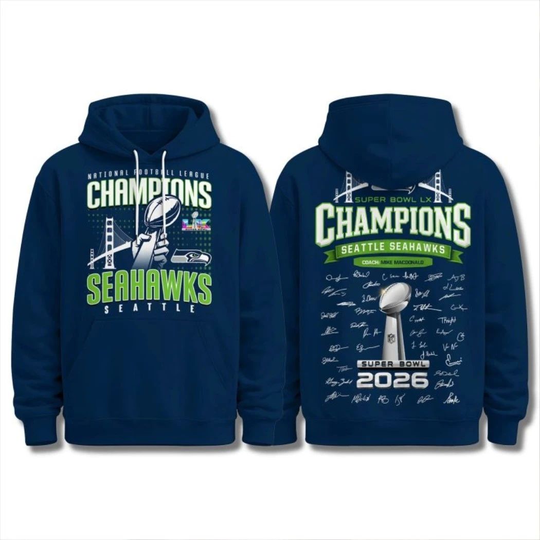 Seahawks SBLX Champions Team Signature And Logo Shirt Unisex T-shirt, Sweatshirt, Hoodie, Long Sleeve Tee - T-Shirt, Sweatshirt, Hoodie