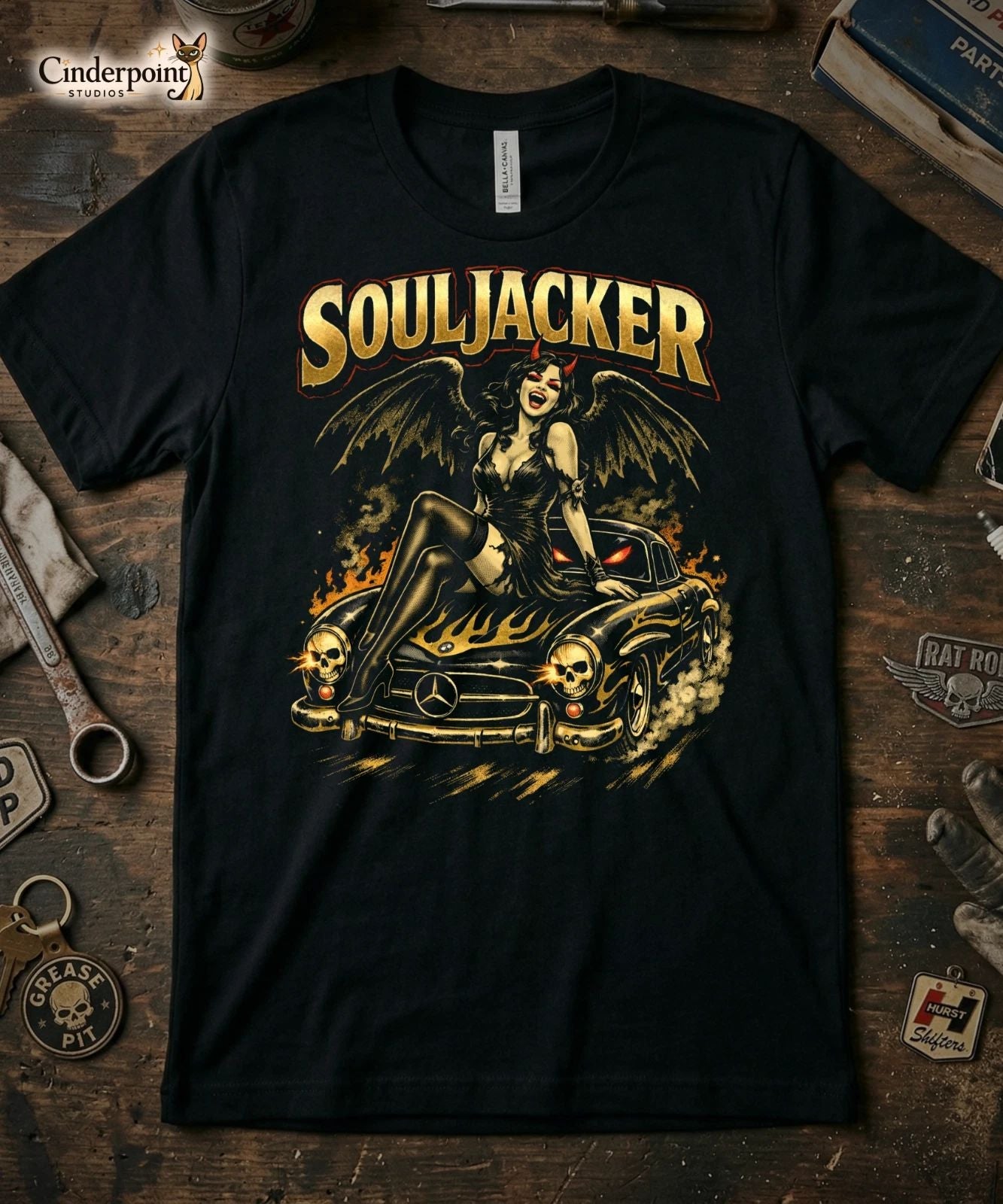 SOULJACKER T-Shirt Demon Pinup Girl on a 1955 Mercedes-Benz 300SL Tee XS-5X Unisex T-shirt, Sweatshirt, Hoodie, Long Sleeve Tee - T-Shirt, Sweatshirt, Hoodie
