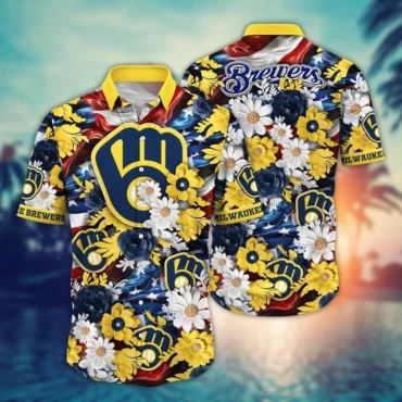 Milwaukee Brewers Patriotic Blooms Hawaiian Shirt Unisex T-shirt, Sweatshirt, Hoodie, Long Sleeve Tee - T-Shirt, Sweatshirt, Hoodie