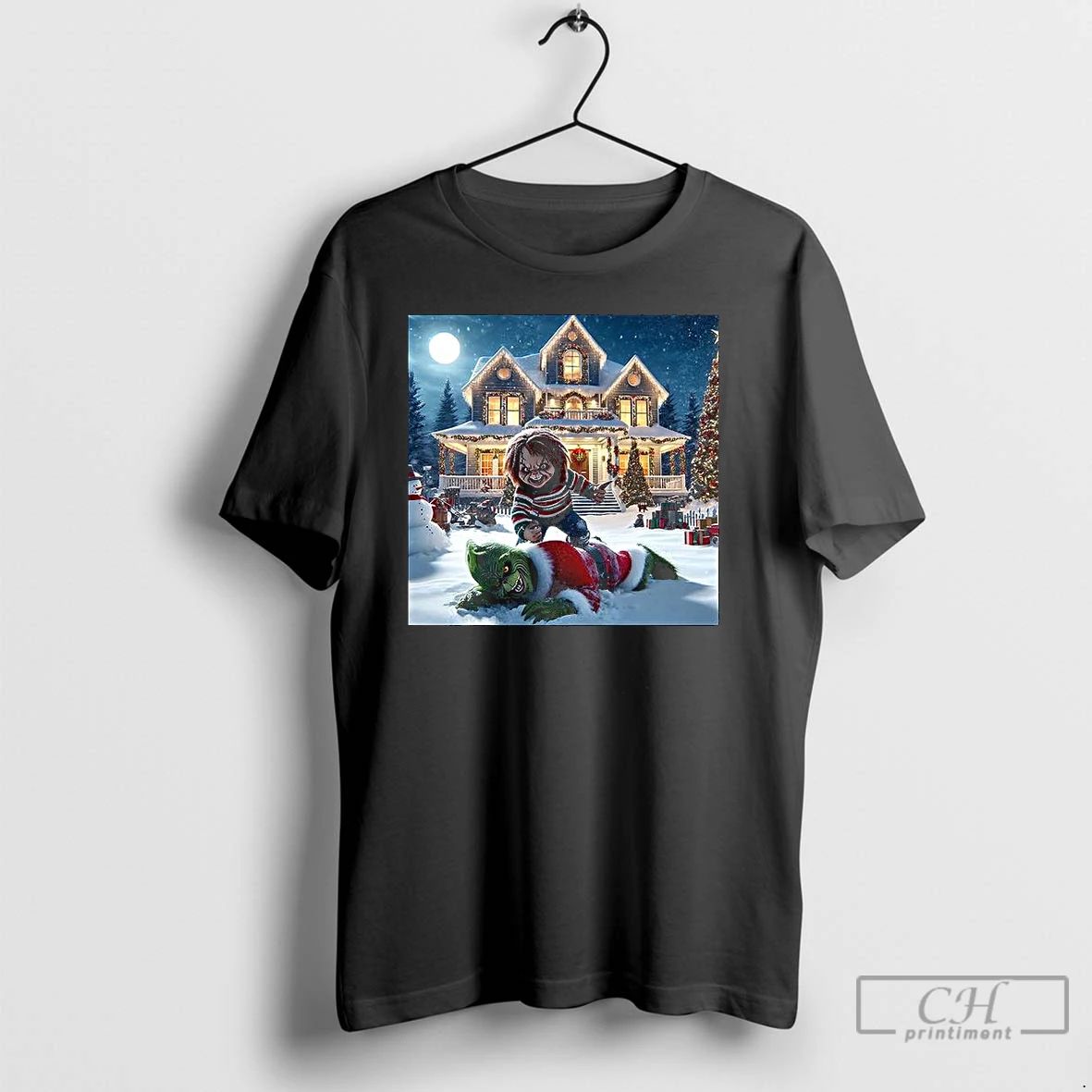 Premium Chucky Chases After The Grinch Horror Christmas T Shirts Unisex T-shirt, Sweatshirt, Hoodie, Long Sleeve Tee - T-Shirt, Sweatshirt, Hoodie