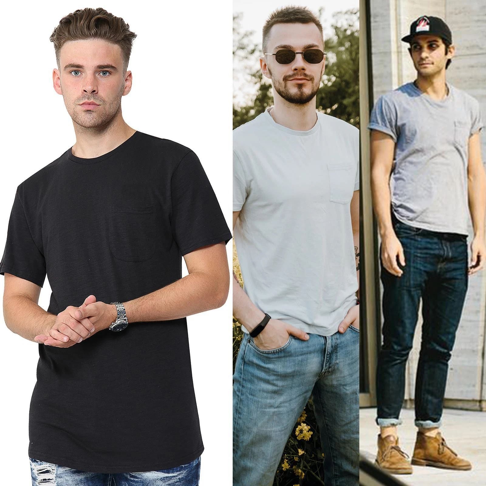 Men's Plain T Shirt Short Sleeve Crew neck Cotton Top T Shirt with Front Pocket Unisex T-shirt, Sweatshirt, Hoodie, Long Sleeve Tee - T-Shirt, Sweatshirt, Hoodie