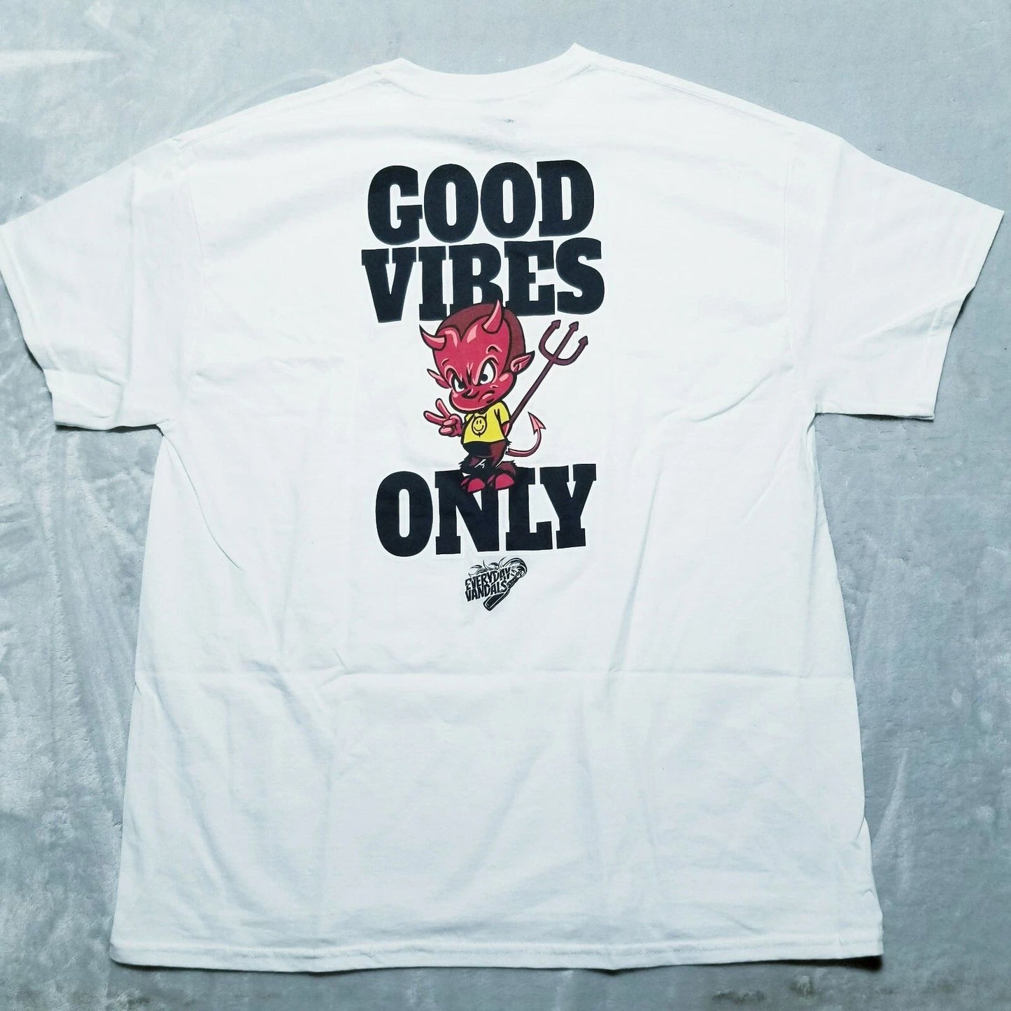 NEW EVERYDAY VANDALS GOOD VIBES ONLY DEVIL TEE T SHIRT Mens XL streetwear White Unisex T-shirt, Sweatshirt, Hoodie, Long Sleeve Tee - T-Shirt, Sweatshirt, Hoodie