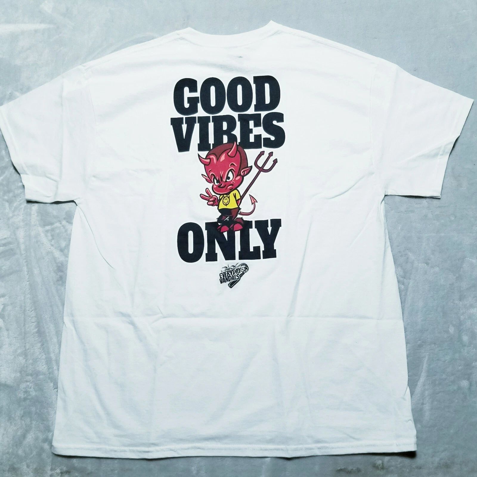 NEW EVERYDAY VANDALS GOOD VIBES ONLY DEVIL TEE T SHIRT Mens XL streetwear White Unisex T-shirt, Sweatshirt, Hoodie, Long Sleeve Tee - T-Shirt, Sweatshirt, Hoodie