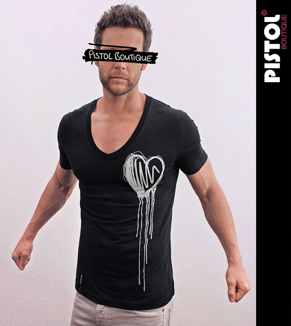 Pistol Boutique Mens Fitted Black Deep V neck CHEST SKETCH DRIBBLE HEART T-shirt Unisex T-shirt, Sweatshirt, Hoodie, Long Sleeve Tee - T-Shirt, Sweatshirt, Hoodie