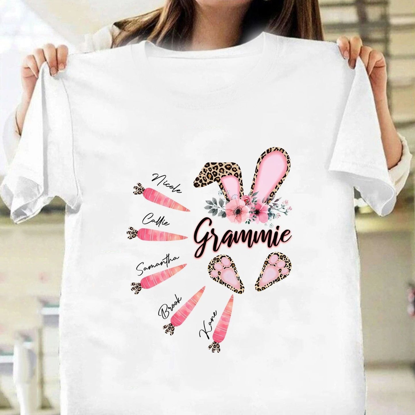 Personalized Leopard Bunny Grammie Tee for Easter Day, Custom Grandma and Kids Unisex T-shirt, Sweatshirt, Hoodie, Long Sleeve Tee - T-Shirt, Sweatshirt, Hoodie