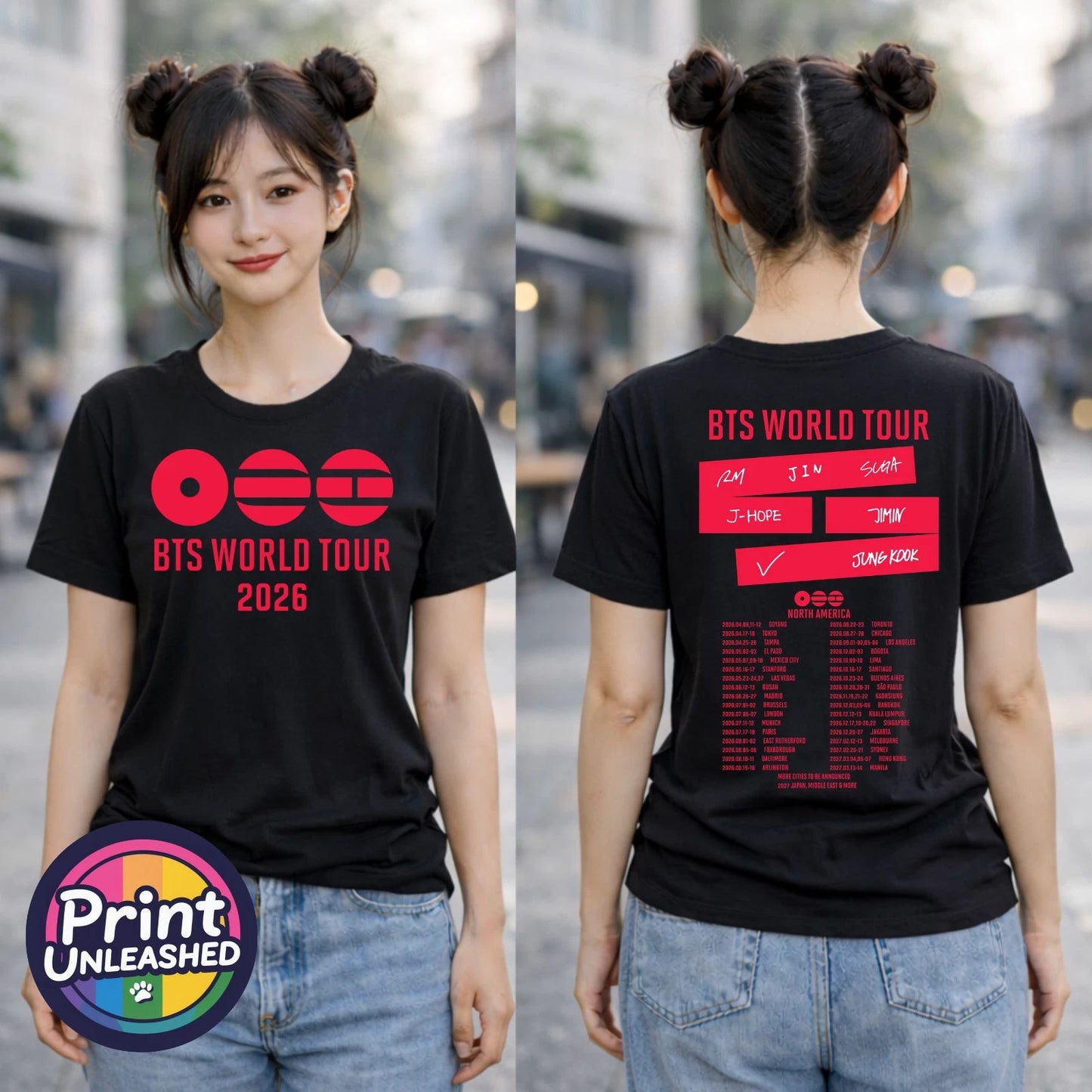KPOP Premium Printed T-Shirt BTS Tour 2026 Front & Back Black Child Adult Teen Unisex T-shirt, Sweatshirt, Hoodie, Long Sleeve Tee - T-Shirt, Sweatshirt, Hoodie