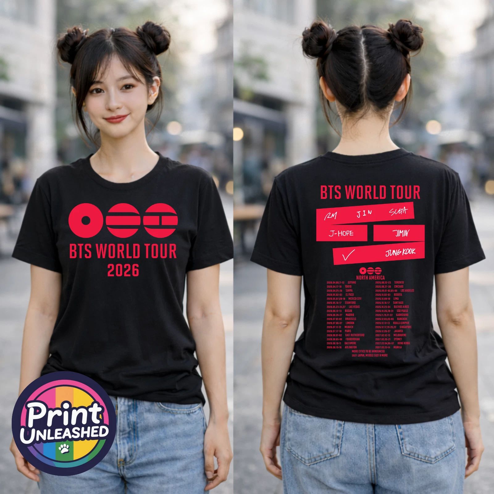 KPOP Premium Printed T-Shirt BTS Tour 2026 Front & Back Black Child Adult Teen Unisex T-shirt, Sweatshirt, Hoodie, Long Sleeve Tee - T-Shirt, Sweatshirt, Hoodie