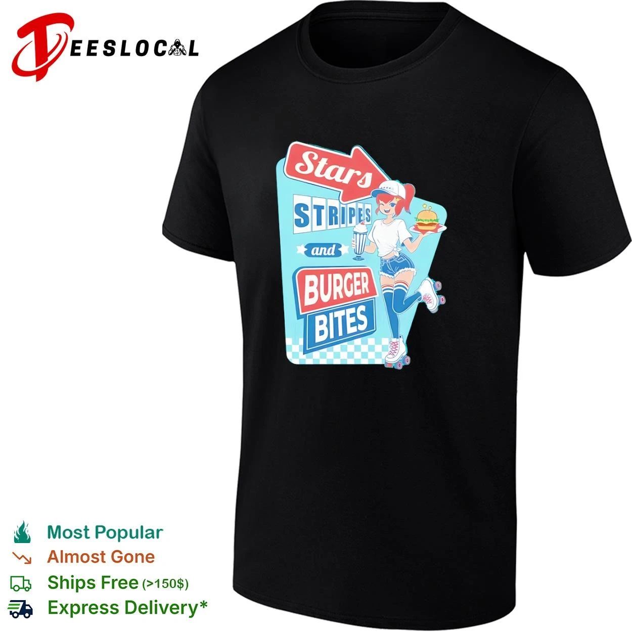 Stars Stripes and Burger Bites retro diner T-shirt Unisex T-shirt, Sweatshirt, Hoodie, Long Sleeve Tee - T-Shirt, Sweatshirt, Hoodie