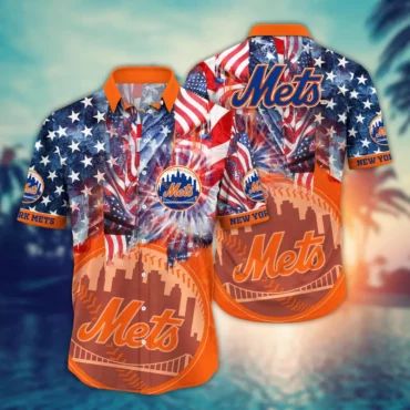 New York Mets American Flag Fireworks Hawaiian Shirt Unisex T-shirt, Sweatshirt, Hoodie, Long Sleeve Tee - T-Shirt, Sweatshirt, Hoodie
