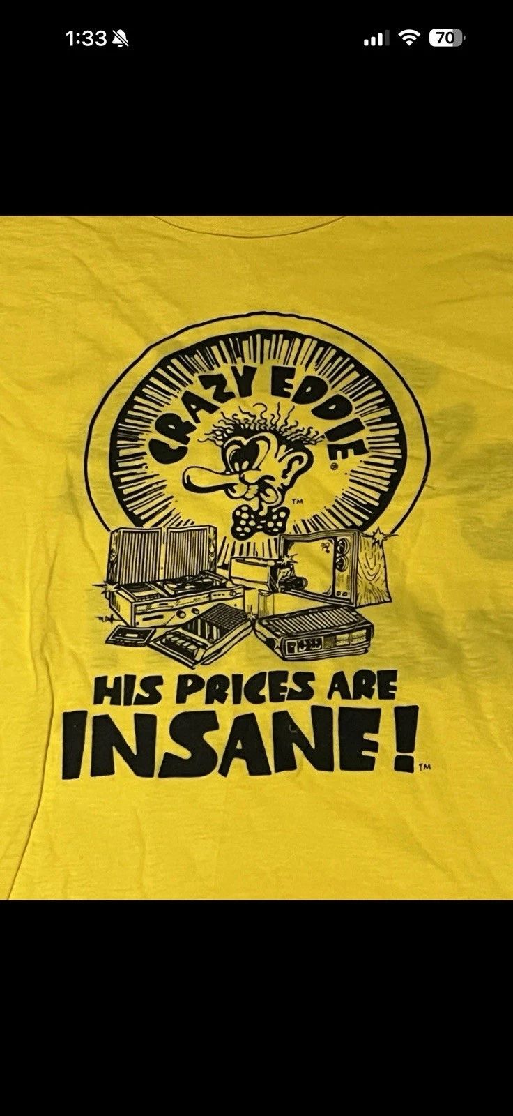 Crazy Eddie Vintage T Shirt Yellow Size Large Unisex T-shirt, Sweatshirt, Hoodie, Long Sleeve Tee - T-Shirt, Sweatshirt, Hoodie