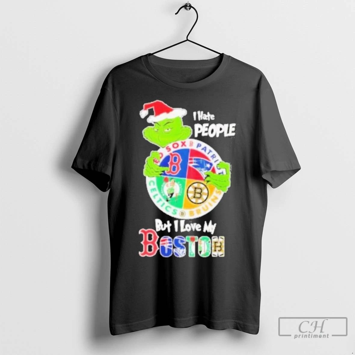 Premium The Grinch I Hate People But I Love My Boston Team Black Unisex T-shirt, Sweatshirt, Hoodie, Long Sleeve Tee - T-Shirt, Sweatshirt, Hoodie