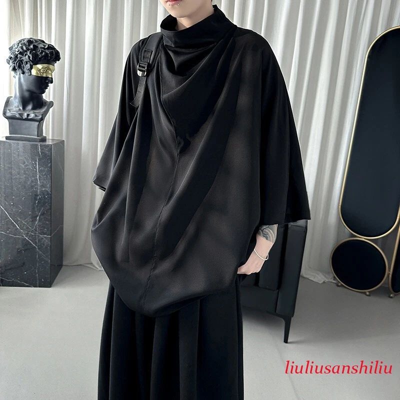 Men Silk Satin Gothic Shirt 3/4 Sleeve Loose Tops Punk Short Sleeve Stand Collar Unisex T-shirt, Sweatshirt, Hoodie, Long Sleeve Tee - T-Shirt, Sweatshirt, Hoodie