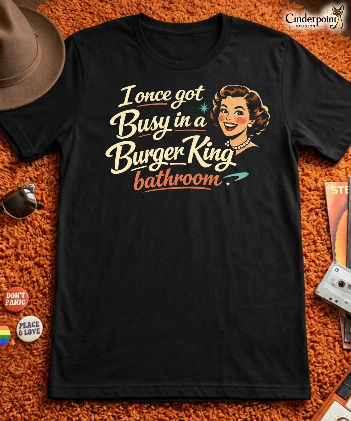 I Once Got Busy in a Burger King Bathroom T-Shirt Funny Retro Humpty Tee XS-5X Unisex T-shirt, Sweatshirt, Hoodie, Long Sleeve Tee - T-Shirt, Sweatshirt, Hoodie