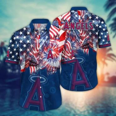 Los Angeles Angels Patriotic Fireworks Hawaiian Shirt Unisex T-shirt, Sweatshirt, Hoodie, Long Sleeve Tee - T-Shirt, Sweatshirt, Hoodie
