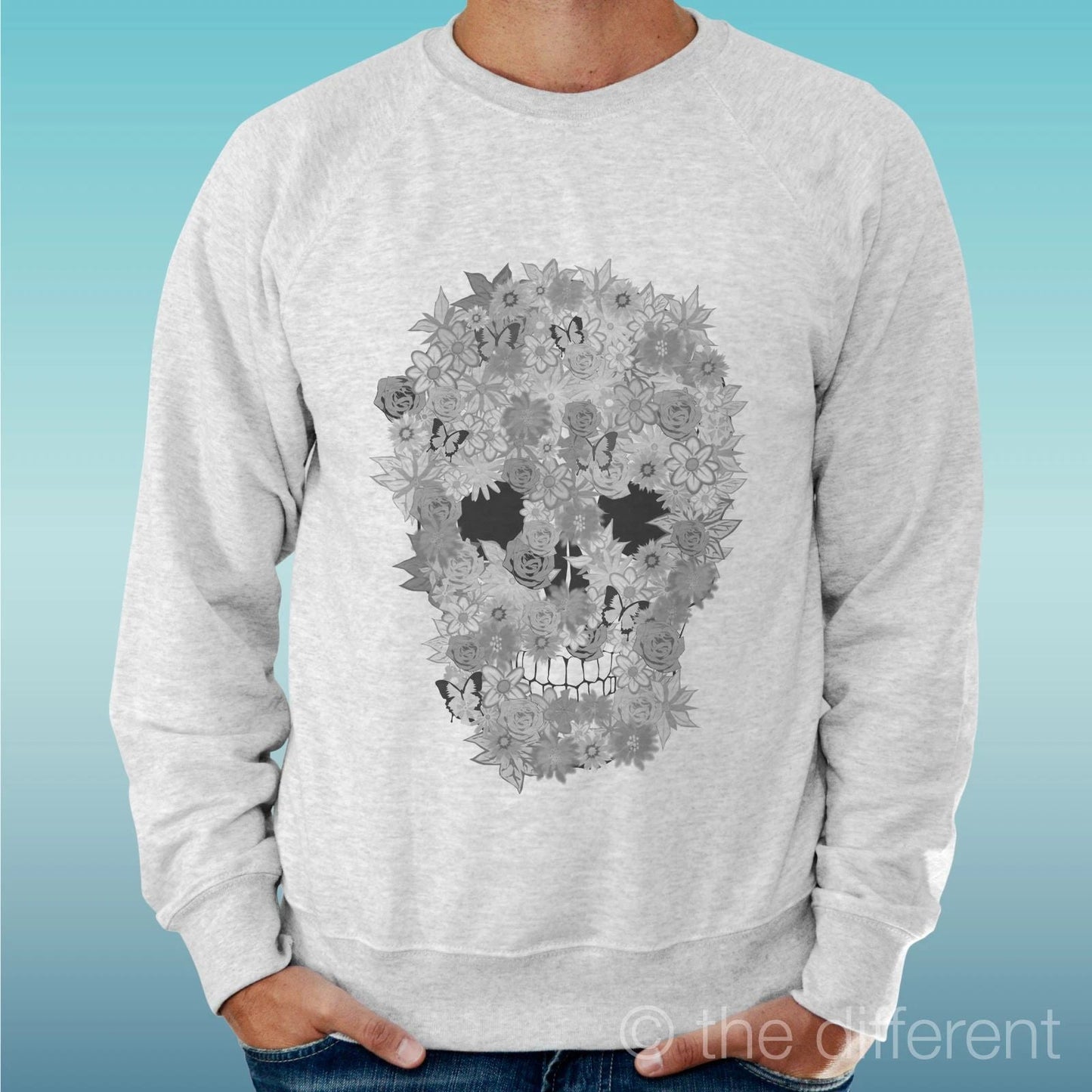 Felpa Man Light Sweater Light Grey " Skull Flowers " Unisex T-shirt, Sweatshirt, Hoodie, Long Sleeve Tee - T-Shirt, Sweatshirt, Hoodie