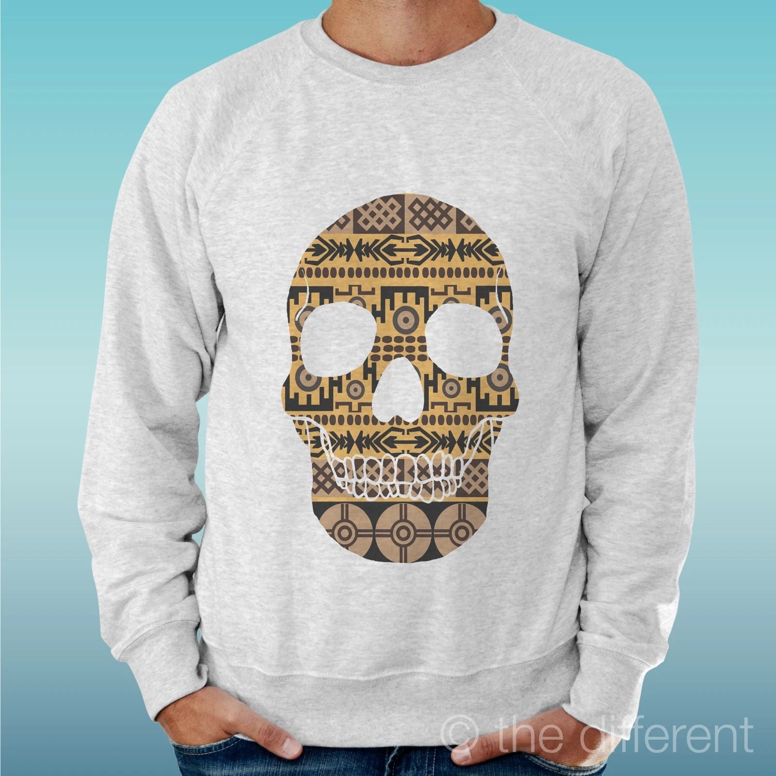 Felpa Man Light Sweater Light Grey " Skull African Art. " Unisex T-shirt, Sweatshirt, Hoodie, Long Sleeve Tee - T-Shirt, Sweatshirt, Hoodie