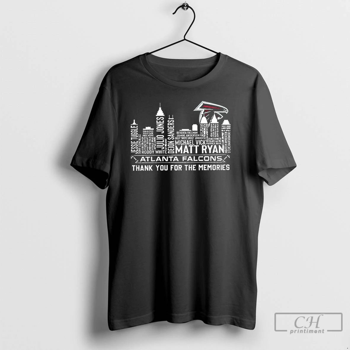 Premium Atlanta Falcons Football Thank You For The Memories Name Player Skyline T Shirts Unisex T-shirt, Sweatshirt, Hoodie, Long Sleeve Tee - T-Shirt, Sweatshirt, Hoodie