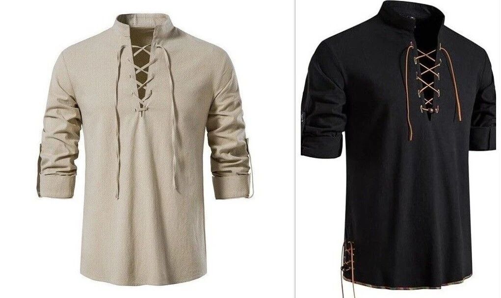 Men's Casual Long Sleeve Henry Shirt Lace-Up Stand-Up Collar Cotton Linen Blouse Unisex T-shirt, Sweatshirt, Hoodie, Long Sleeve Tee - T-Shirt, Sweatshirt, Hoodie