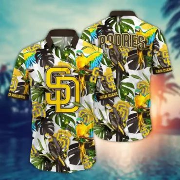 San Diego Padres Jungle Parrot Hawaiian Shirt Unisex T-shirt, Sweatshirt, Hoodie, Long Sleeve Tee - T-Shirt, Sweatshirt, Hoodie