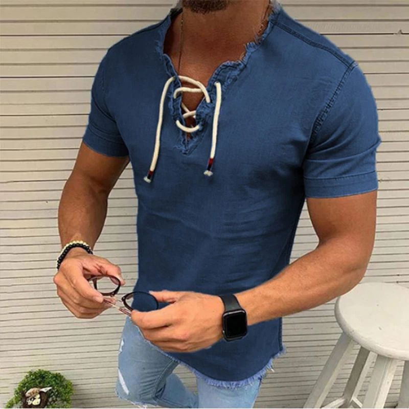 Men Fashion Short-sleeved Denim Lace-up Tassel Denim Trendy T-shirt Top Unisex T-shirt, Sweatshirt, Hoodie, Long Sleeve Tee - T-Shirt, Sweatshirt, Hoodie