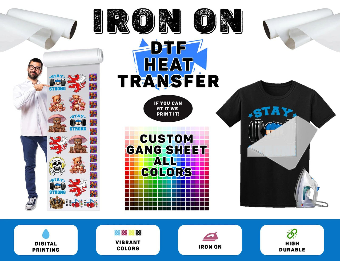 Custom Text Iron On T-Shirt Personalised DTF Heat Transfer Image Logo 2T1A0 Unisex T-shirt, Sweatshirt, Hoodie, Long Sleeve Tee - T-Shirt, Sweatshirt, Hoodie