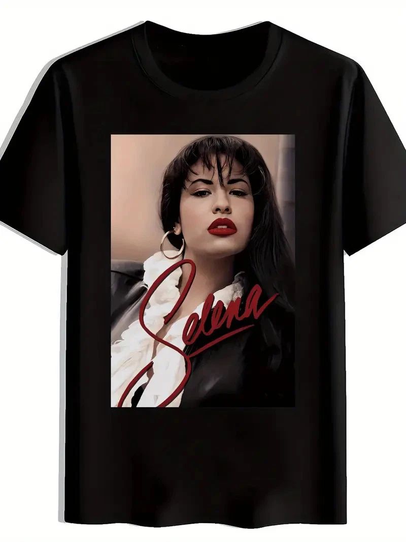 Men'S Casual Black T-Shirt with Selena Portrait Print - Dark Long Hair, Red Lips Unisex T-shirt, Sweatshirt, Hoodie, Long Sleeve Tee - T-Shirt, Sweatshirt, Hoodie