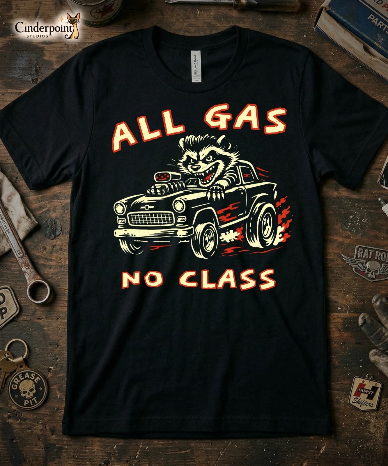 All Gas No Class T-Shirt 1955 Chevy Gasser Raccoon Lowbrow Graphic Tee XS-5X Unisex T-shirt, Sweatshirt, Hoodie, Long Sleeve Tee - T-Shirt, Sweatshirt, Hoodie