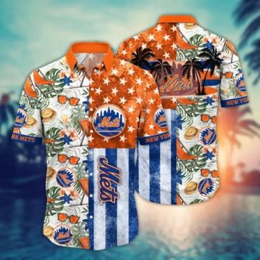 New York Mets Monstera Leaves American Flag Hawaiian Shirt Unisex T-shirt, Sweatshirt, Hoodie, Long Sleeve Tee - T-Shirt, Sweatshirt, Hoodie