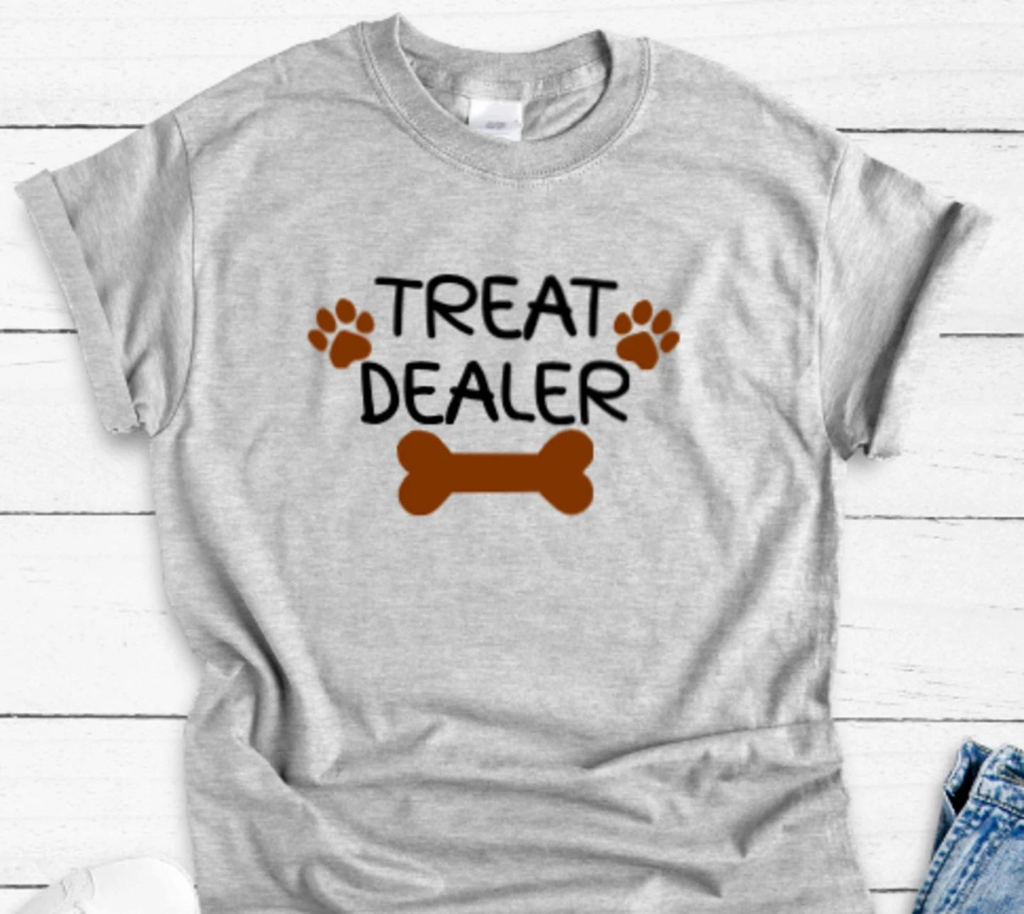 Treat Dealer, Cats and Dogs, Gray Unisex, Men's and Women's Short Sleeve T-shirt Unisex T-shirt, Sweatshirt, Hoodie, Long Sleeve Tee - T-Shirt, Sweatshirt, Hoodie