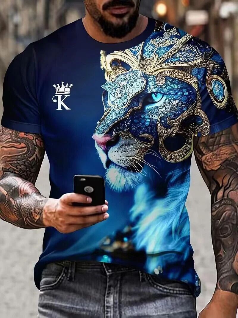 Men T Shirts Fashion Abstract Blue Lion Head Casual Short Sleeve Novelty Trendy Unisex T-shirt, Sweatshirt, Hoodie, Long Sleeve Tee - T-Shirt, Sweatshirt, Hoodie