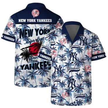 New York Yankees Team Logo Coconut Tree Pattern Hawaiian Shirt Unisex T-shirt, Sweatshirt, Hoodie, Long Sleeve Tee - T-Shirt, Sweatshirt, Hoodie