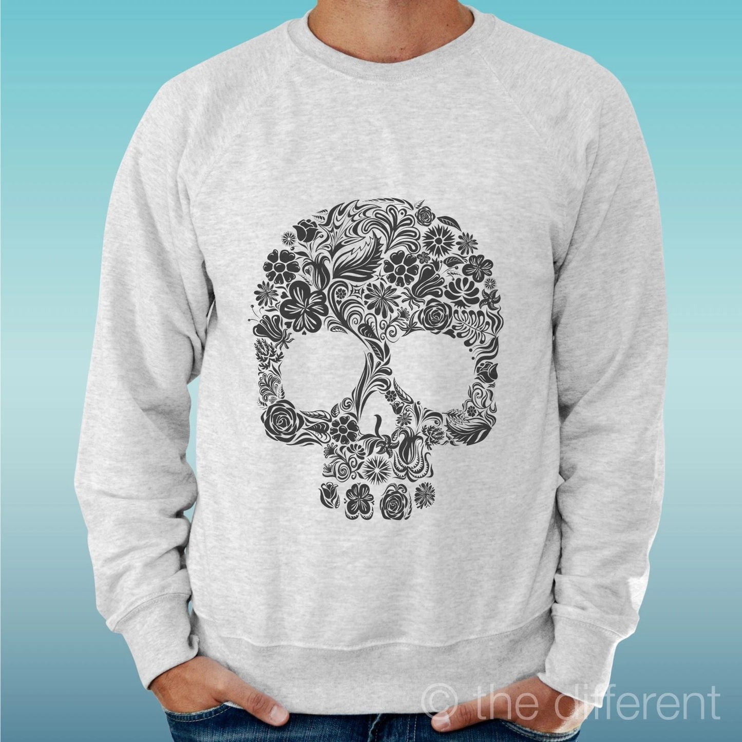 Felpa Man Light Sweater Light Grey " Skull Flowers Draw " Unisex T-shirt, Sweatshirt, Hoodie, Long Sleeve Tee - T-Shirt, Sweatshirt, Hoodie