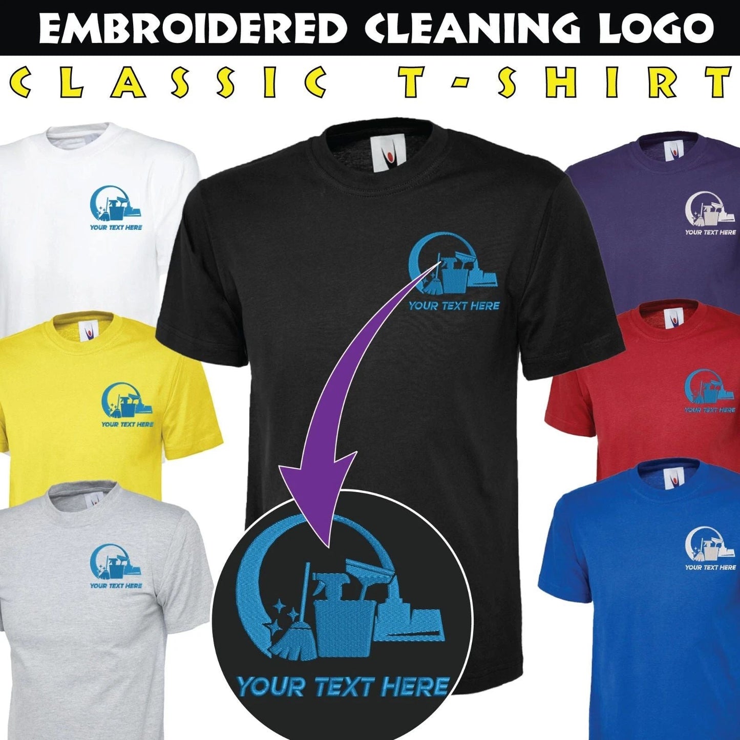Personalised Embroidered Cleaning Staff Uniform T-Shirt Cleaners Logo Workwear Unisex T-shirt, Sweatshirt, Hoodie, Long Sleeve Tee - T-Shirt, Sweatshirt, Hoodie