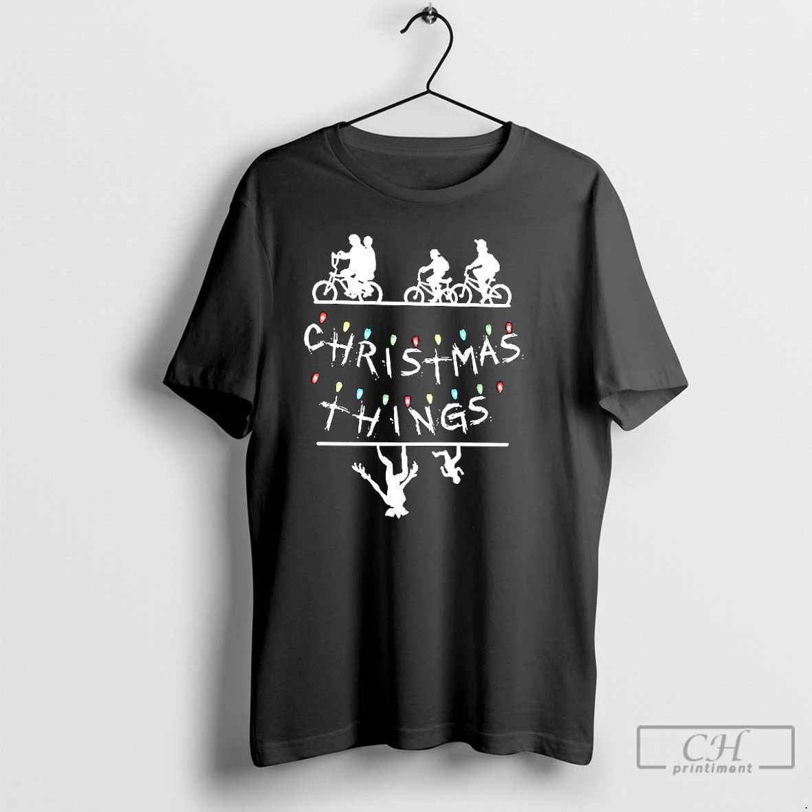 Premium Merry Christmas String Lights Upside Down Silhouette Retro T Shirts Unisex T-shirt, Sweatshirt, Hoodie, Long Sleeve Tee - T-Shirt, Sweatshirt, Hoodie