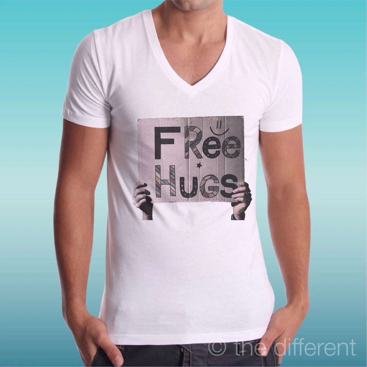 T-shirt Man V Neck " Sign Free Hugs " Gift Idea Road To Happiness Unisex T-shirt, Sweatshirt, Hoodie, Long Sleeve Tee - T-Shirt, Sweatshirt, Hoodie